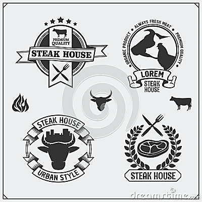 BBQ Collection. Set of vintage grill steak labels, badges and emblems. Vector Illustration