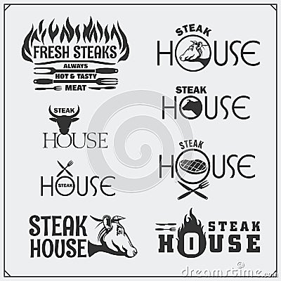 BBQ Collection. Set of vintage grill steak labels, badges and emblems. Vector Illustration