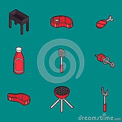 BBQ color outline isometric icons Vector Illustration