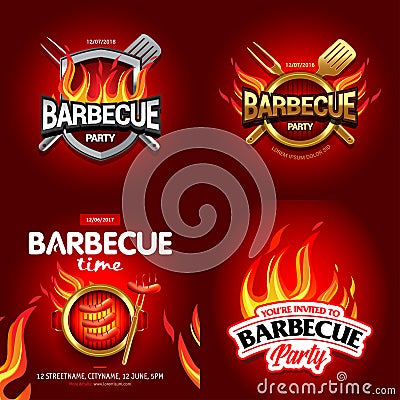 BBQ 4 colorful poster designs, party design, invitation, ad design. Barbecue logo. BBQ template menu design. Barbecue Food flyer. Stock Photo