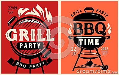 BBQ cookout flyer or poster template design set. BBQ time. Grill party. Food concept, retro vector illustration Vector Illustration