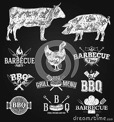 BBQ Emblems and Logos chalk drawing Vector Illustration