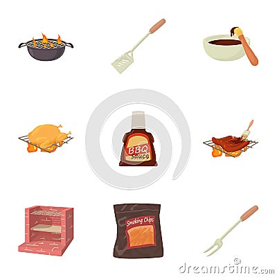 BBQ equipment icons set, cartoon style Vector Illustration