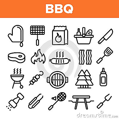 BBQ Equipment, Tools Linear Vector Icons Set Vector Illustration