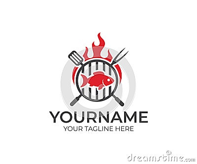 BBQ and fish with fire logo template. Grill and fish meat with fork and spatula vector design Vector Illustration