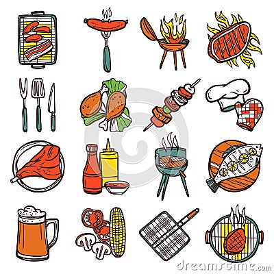 Bbq Grill Colored Icons Set Vector Illustration