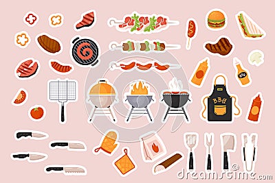 BBQ grill food stickers set for social media chat or sms, barbecue, kebab menu to eat Cartoon Illustration