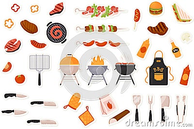 BBQ grill food stickers set for social media chat or sms, barbecue, kebab menu to eat Vector Illustration