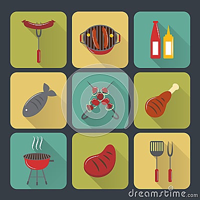 Bbq grill icons flat set Vector Illustration