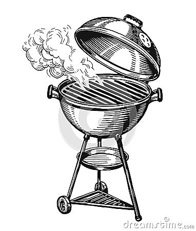 BBQ grill isolated. Barbecue brazier with smoke. Kebab, grilled food concept. Hand drawn sketch vector illustration Vector Illustration