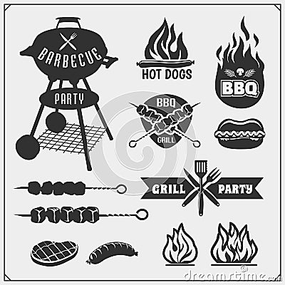 BBQ and grill labels set. Barbecue emblems, badges and design elements. Vector Illustration