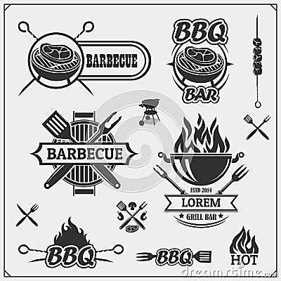 BBQ and grill labels set. Barbecue emblems, badges and design elements. Vector Illustration