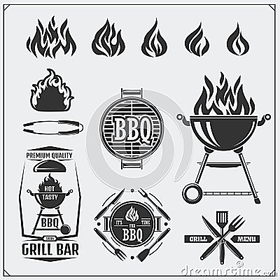 BBQ and grill labels set. Barbecue emblems, badges and design elements. Vector monochrome illustration. Vector Illustration
