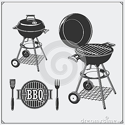 BBQ and grill labels set. Barbecue emblems and badges. Vector monochrome illustration. Vector Illustration