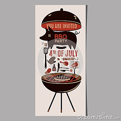 BBQ grill meat barbecue restaurant party at home dinner vector products skewer grilling kitchen equipment flat Vector Illustration