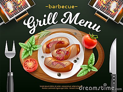 Bbq grill menu cover. Glowing coals, top view plate, kitchen appliances, fried sausages with herbs and tomatoes on Vector Illustration