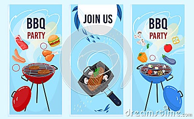 Bbq grill party flat vector illustration, cartoon barbecue food, roasted grilled meat with smoke, steaks and vegetables Vector Illustration