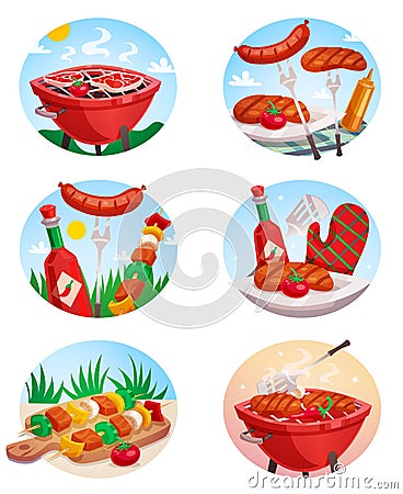 BBQ Grill Stickies Set Vector Illustration