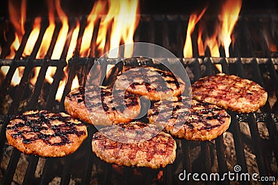 BBQ Grilled Burgers Patties On The Hot Flaming Grill Stock Photo