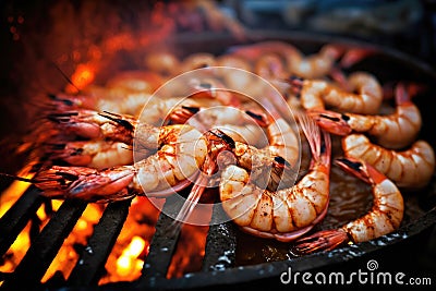 Bbq, grilled king prawns on grill grate with fire. Close-up view. Created with Generative AI technology Stock Photo