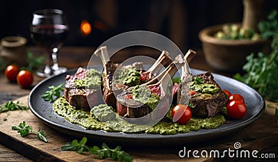 BBQ Grilled lamb mutton chop steaks are artfully arranged on a rustic wooden table. Gen ai Stock Photo