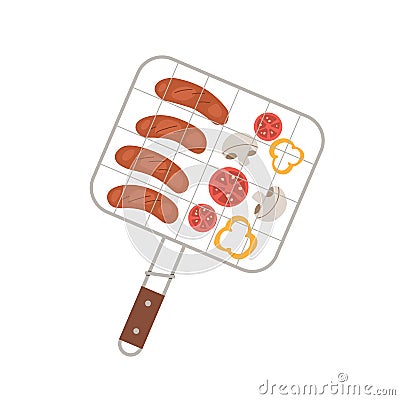 BBQ grilling basket with handle. Metal barbecue device with food, sausages, vegetables and mushrooms. Barbeque equipment Vector Illustration