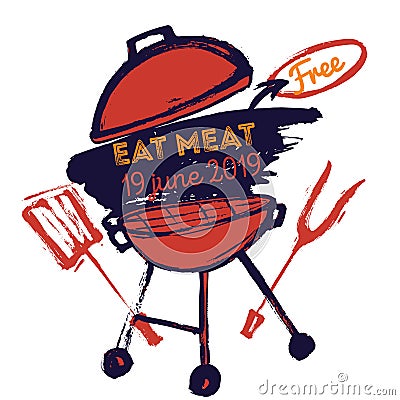 BBQ grunge doodle poster invitatation in square format. Barbecue party flyer. Grill illustration with meat. Can be used Vector Illustration