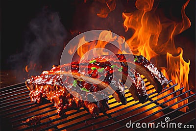 BBQ and honey glazed baby back ribs on a flaming BBQ Stock Photo