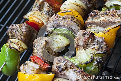 BBQ with kebab cooking. Stock Photo