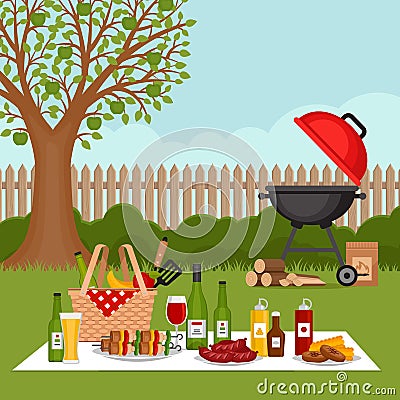 Bbq party background with grill. Barbecue poster. Flat style, vector illustration. Vector Illustration