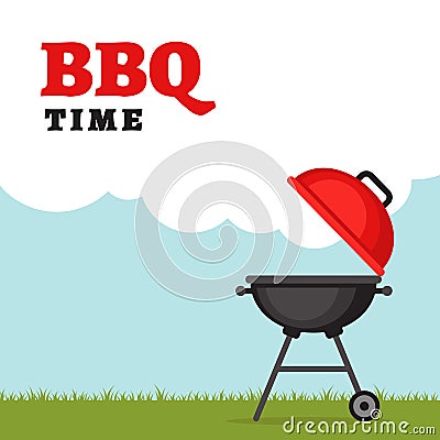 Bbq party background with grill and fire. Barbecue poster. Flat Vector Illustration