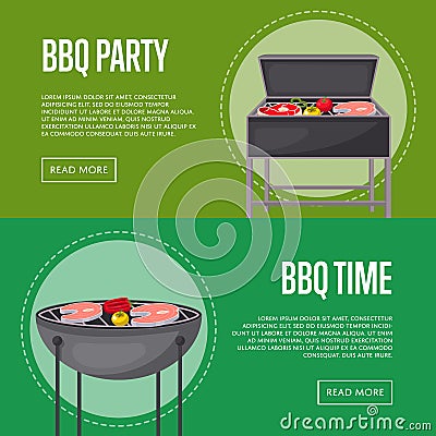 BBQ party flyers with meats on barbecue Vector Illustration