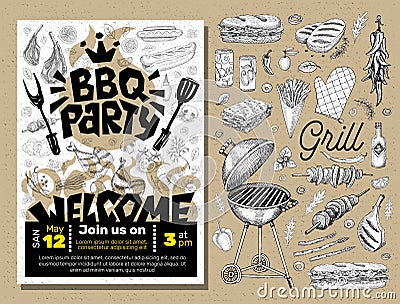 BBQ party Food poster. Barbecue template menu invitation flyer d Cartoon Illustration