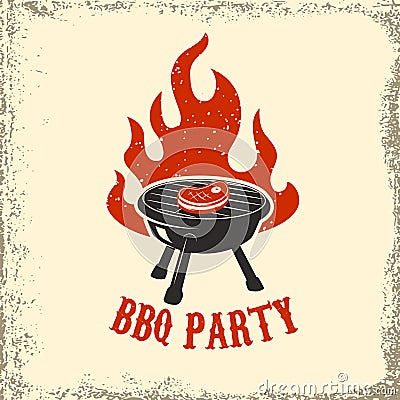 BBQ party. Grill with fire on grunge background. Design element Vector Illustration