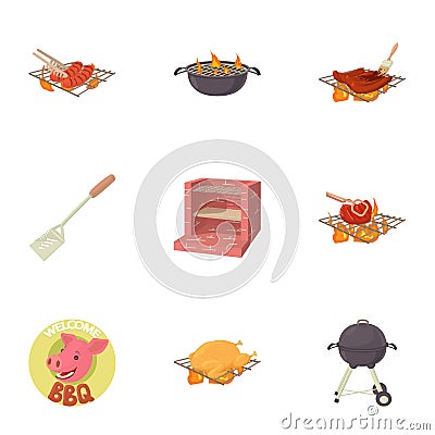 BBQ party icons set, cartoon style Vector Illustration