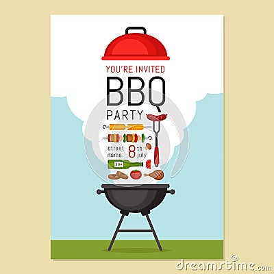 Bbq party invitation with grill and food. Barbecue poster. Food Vector Illustration