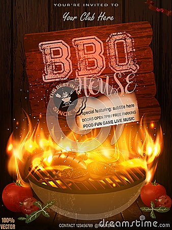 Bbq party invitation with grill, food elements and fire on wooden. Barbecue poster. Food flyer. Vector Illustration