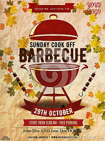 BBQ party invitation template on autumn yellow. Summer or fall Barbecue weekend flyer. Vector Illustration