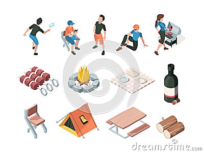 Bbq party. People relax picnic outdoor barbecue fresh products eating persons family playing vector isometric Vector Illustration