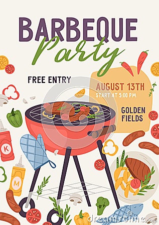 BBQ party poster template. Ad flyer design with barbecue grill, brazier and meat food. Vertical promo card for summer Vector Illustration