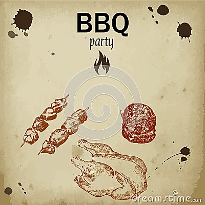 Bbq party with roasted chiken and kebab meat and burger meat hand drawn sketch vector vintage illustration. Old paper Vector Illustration