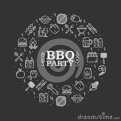 Bbq Party Round Design Template Thin Line Icon Banner. Vector Vector Illustration