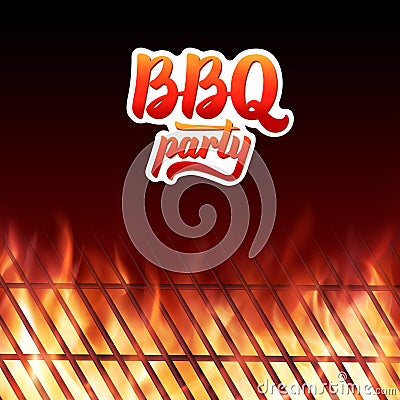 BBQ party text, grill and burning fire flames Vector Illustration