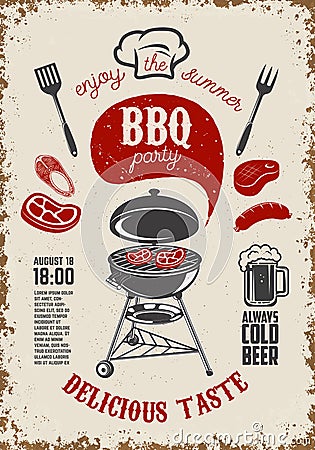 BBQ party vintage flyer on grunge background. Grill with kitchen Vector Illustration