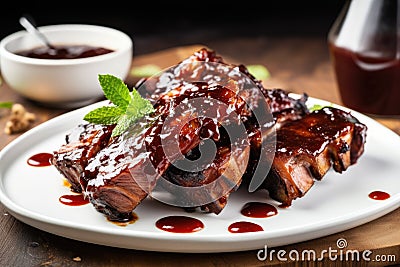 bbq ribs with tangy sauce dripping onto white plate Stock Photo