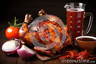 bbq sauce-dripping grilled chicken with a frosted beer jug Stock Photo