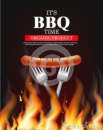 Bbq sausage fire Vector realistic. Vertical menu brochure template hot grill. Hot sauce chily and tomato. 3d Vector Illustration