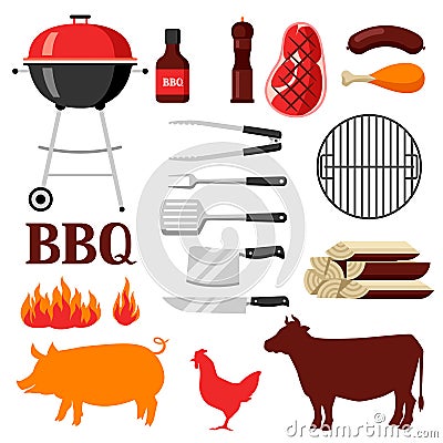 Bbq set of grill objects and icons Vector Illustration