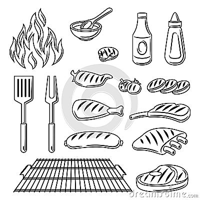 Bbq set of grill objects and icons. Stylized kitchen and restaurant items. Vector Illustration