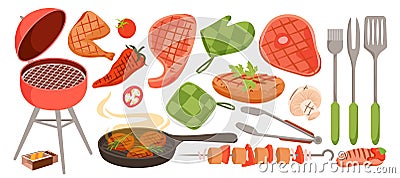 BBQ set, hot barbecue grilled food, isolated menu for summer party with meat, vegetables Vector Illustration
